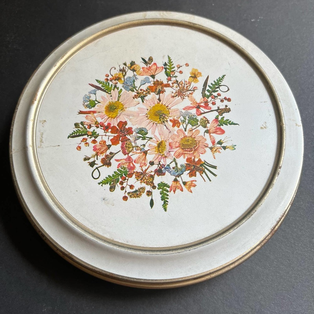 VTG Sewing Button Storage Tin FABCRAFT INC Decor Litho Floral Tiered USA